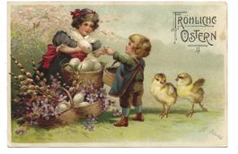 Fröhliche Ostern - Kinder - Eier - Küken - Präge-Litho  1923