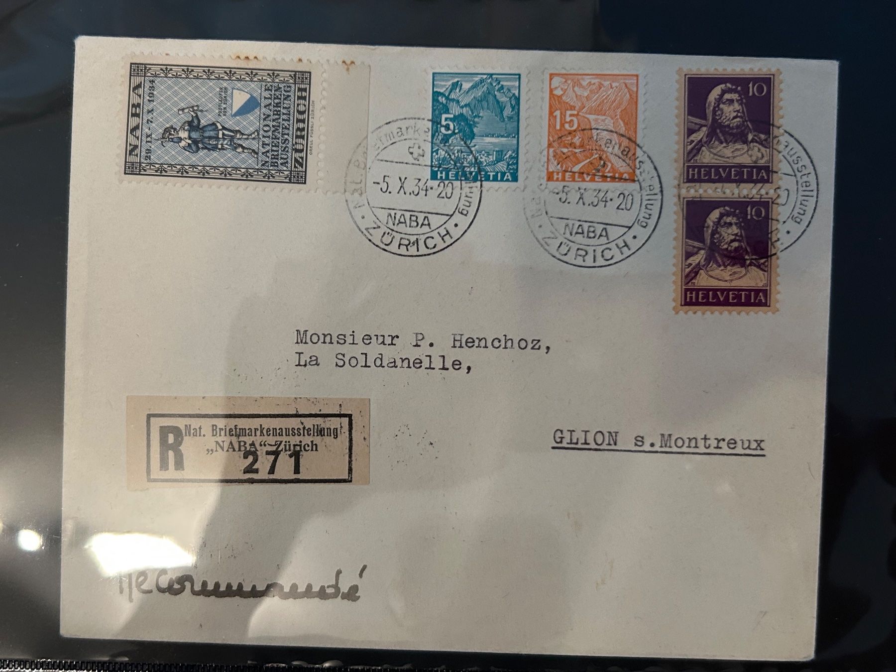 Alle Briefmarken: Brief Naba Zürich 1934 mit Vignette, eingeschrieben – Gebraucht aus Romanshorn von luxcollect