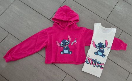 Stitch Kinder-Set:Pinker Kapuzenpulli &weisses Oberteil,Gr10