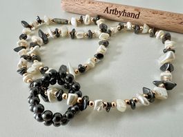 Echte Perlen & Hämatit - Edles Collier mit passendem Ring
