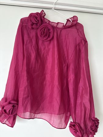 Damen Bluse pink mit Rosen Applikationen langarm