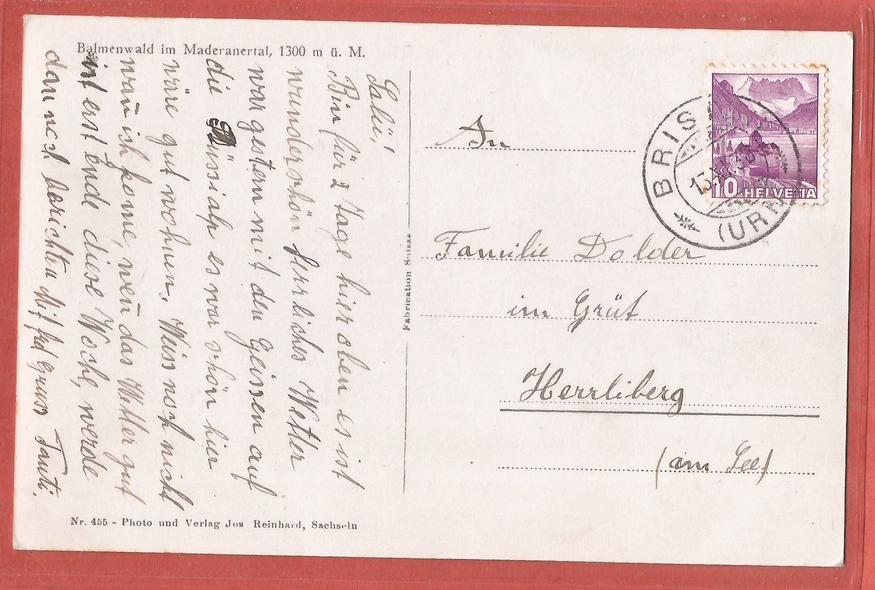 Cartoline postali: Balmenwald im Maderanertal - 1938 – Usato da Fislisbach venduto da Porano 1