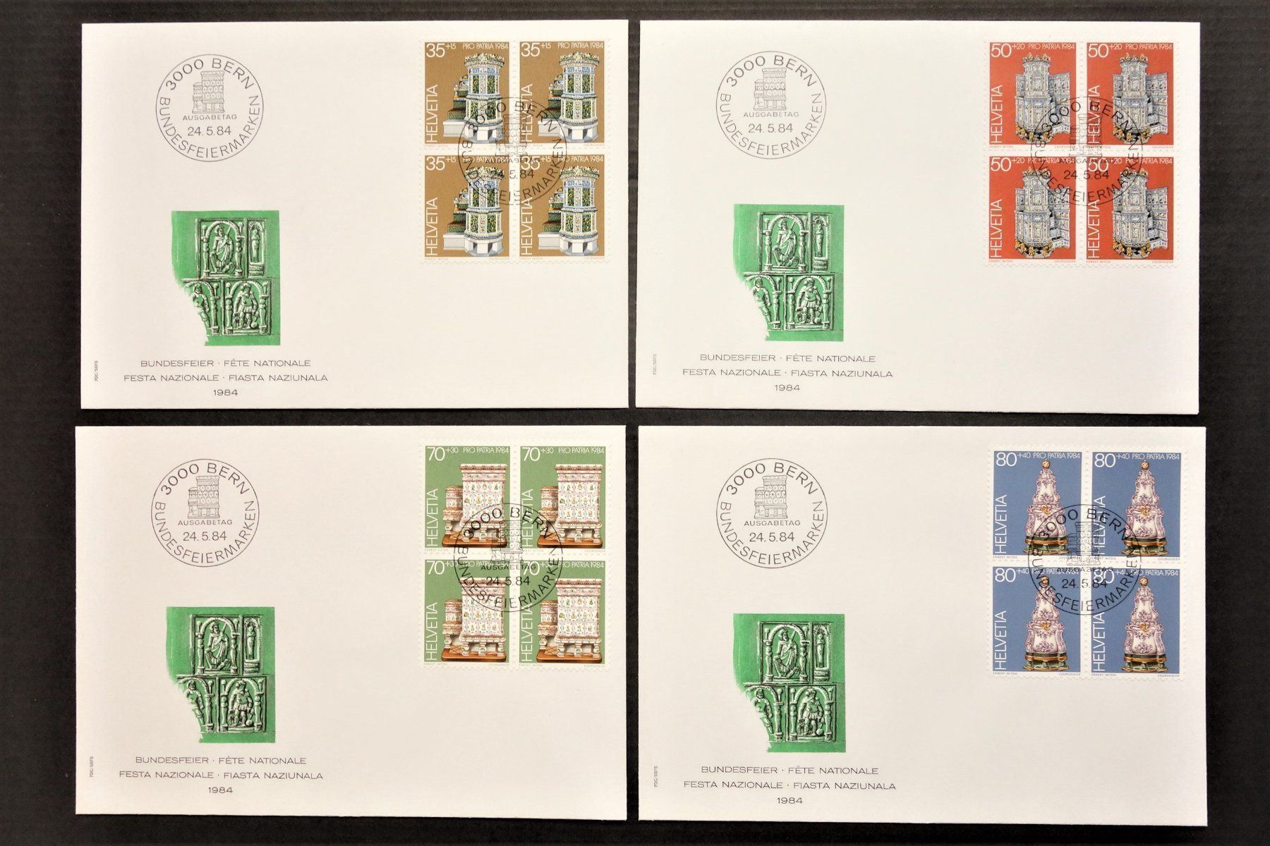 Tutti i francobolli: 1984 4 FDC Viererblöcke "Kachelöfen" – Nuovo (secondo la descrizione) da Mettmenstetten venduto da Sutasso 1