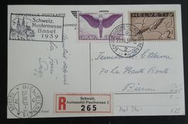 1939 Offizielle Flugpostkarte Mustermesse Basel nach Biel