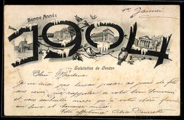 Passepartout-AK Genève, Jahreszahl 1904 mit Stadtansichten