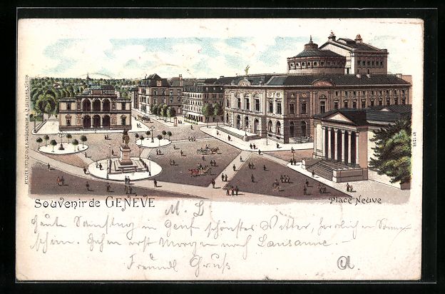 Cartoline postali: Litho Geneve, Place Neuve, Gebäudeansic – Usato da Berlin venduto da bartko-reher