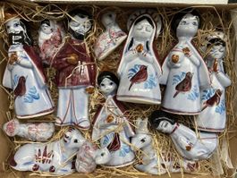 Vintage Keramik Krippenfiguren, handgemalt blau weisse