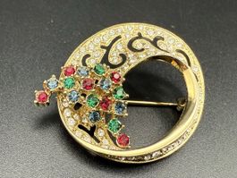 Vintage Goldfarbe Brosche mit farbigen Steinen, def