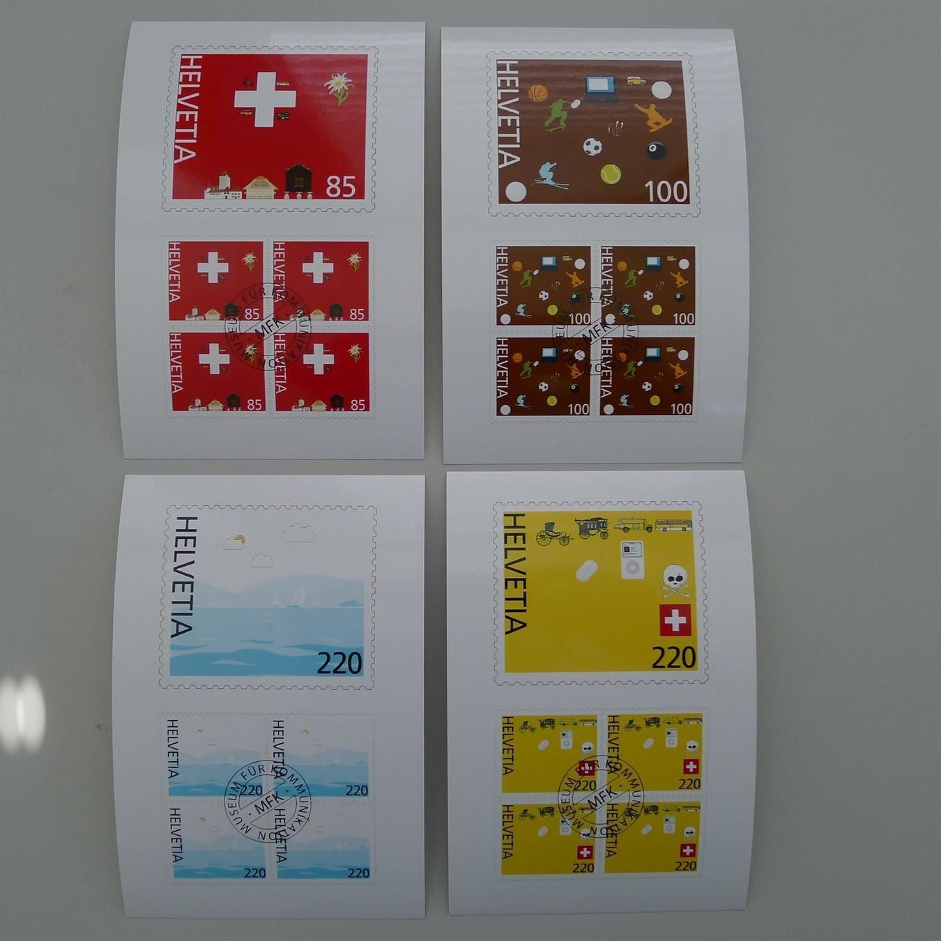 Alle Briefmarken: 3 moderne Versuchsdrucke oder VIGNETTEN, vom PTT-MUSEUM. – Gebraucht aus Sursee von Luzernerraute