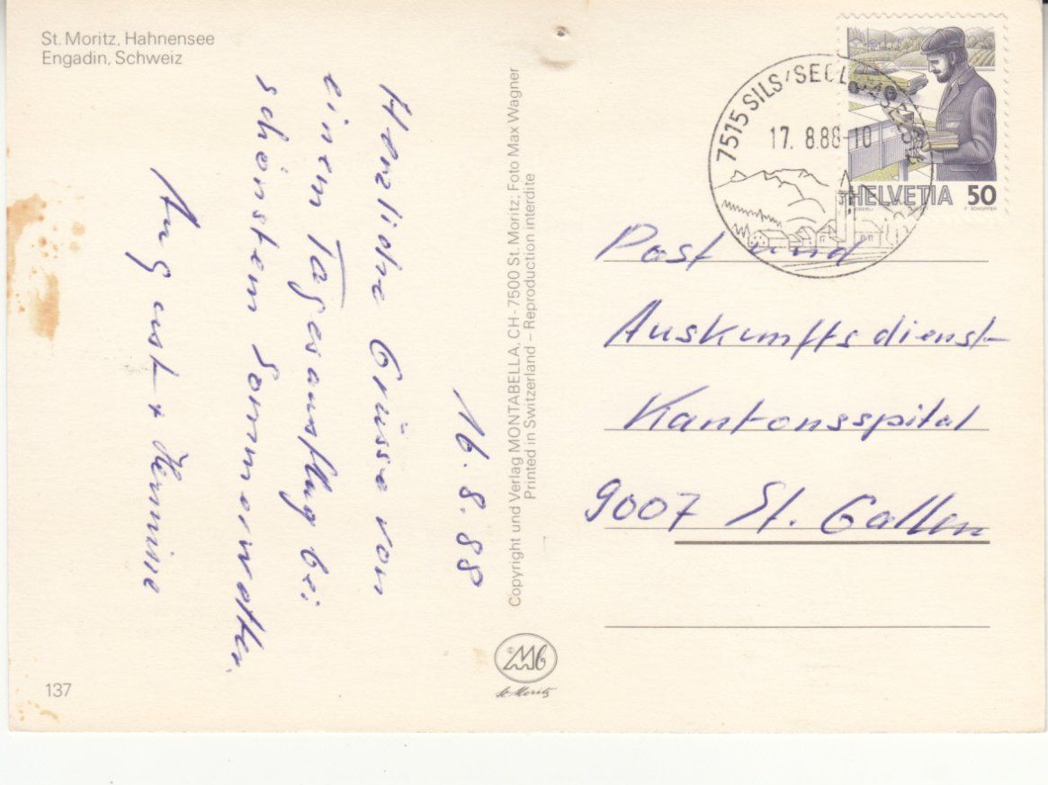 Cartes postales: St. Moritz Hahnensee 1988 – D'occasion à Bürglen TG par StampGraf 1