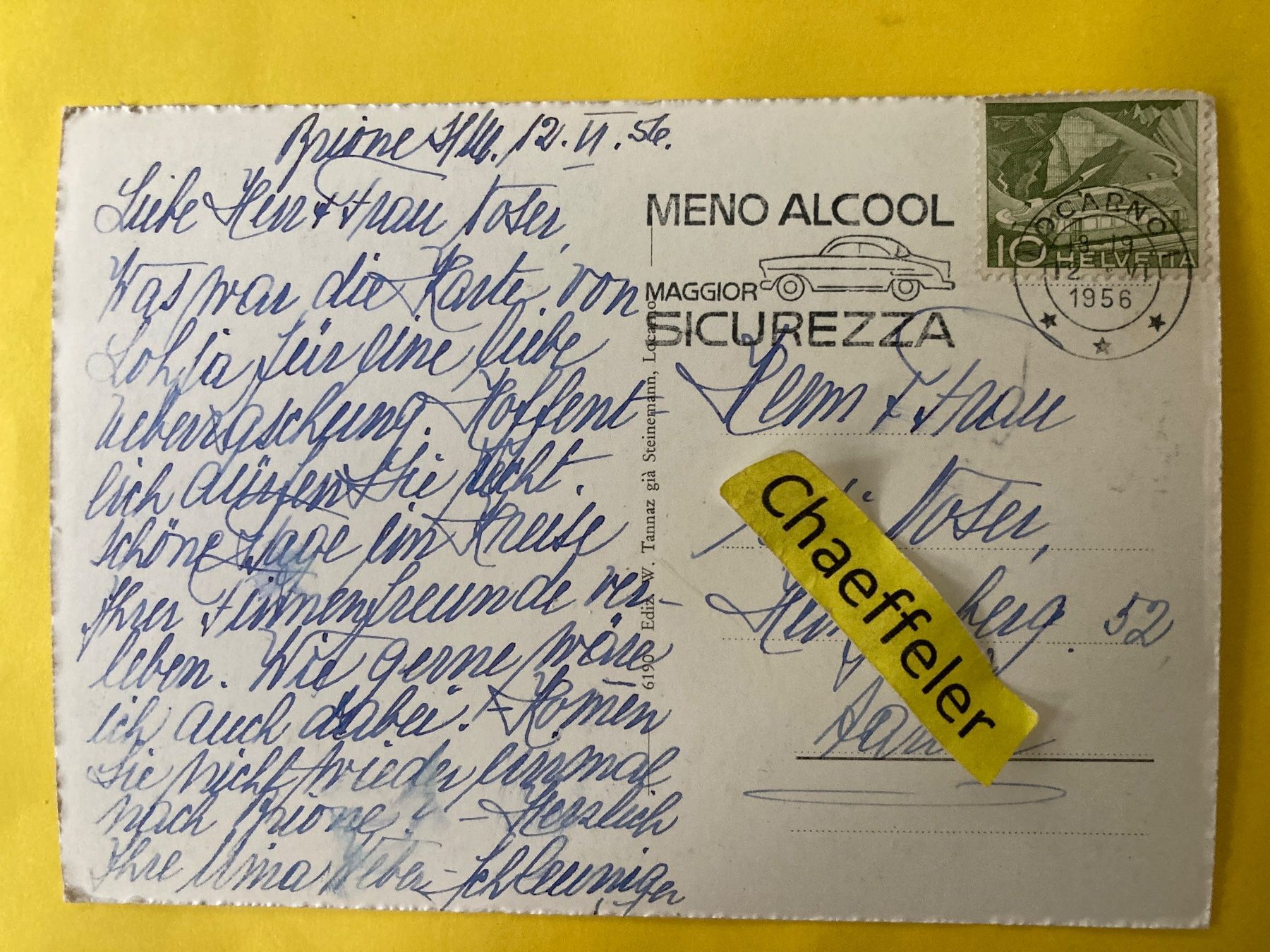 Ansichtskarten: 1956 Brione sopra Locarno – Gebraucht aus Zürich von Chaeffeler 1