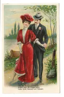 Liebespaar - Mode - Ruderboot - Spruch - Präge-Litho um 1900