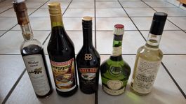 5 Flaschen Likör und Bitter, Verschiedene Marken