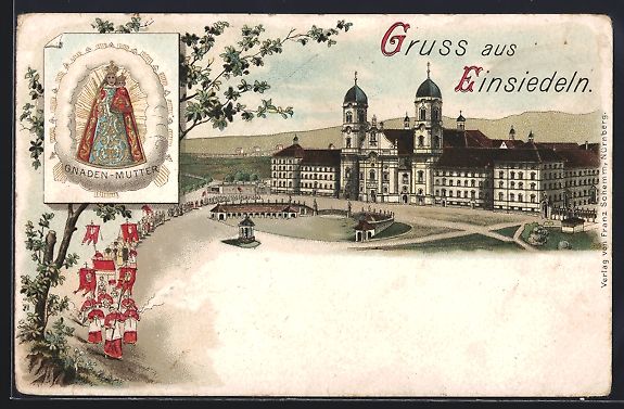Cartoline postali: Litho Einsiedeln, Kloster mit Festzug, G – Usato da Berlin venduto da bartko-reher