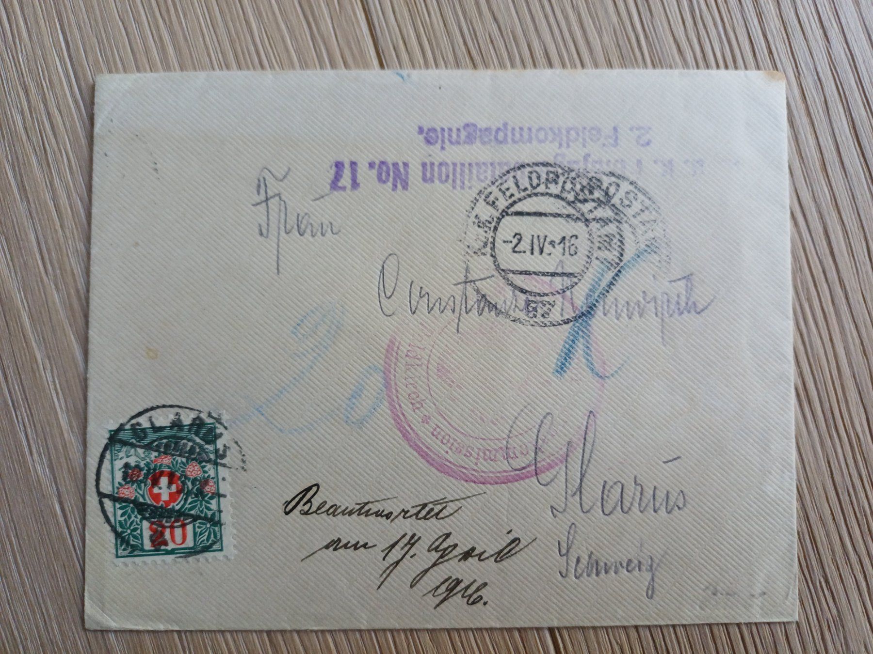 Tutti i francobolli: 1916 Glarus - 2x Feldpostbrief - Feldjäger Batallion Nr.17 – Usato da Beringen venduto da Goeppeli 2