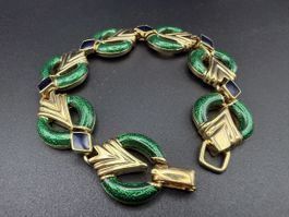 Vintage Armband, grüne + blaue Emaille, goldenfarbe