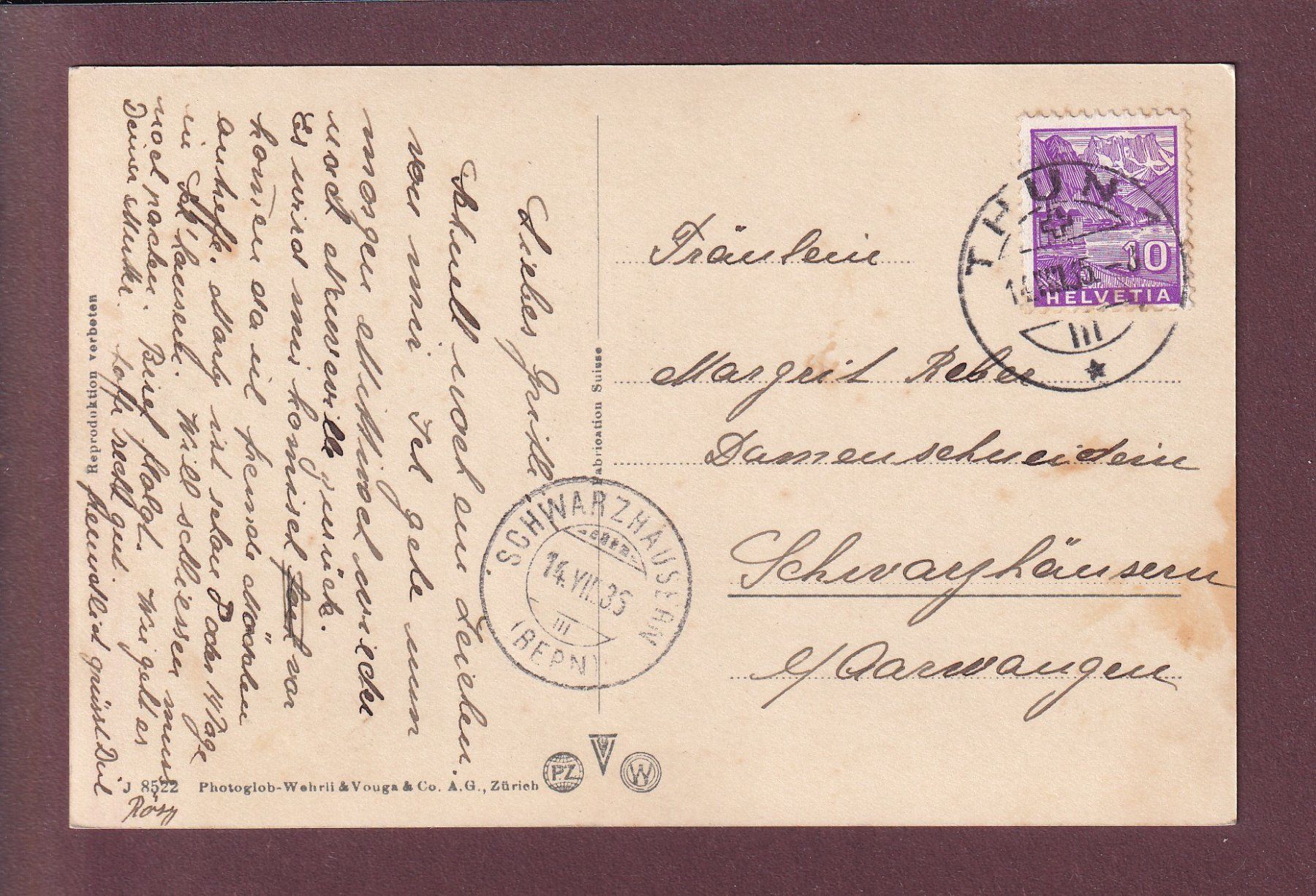 Cartes postales: THUN - Scherzligen - 1935 – D'occasion à Pully par nicecards 1