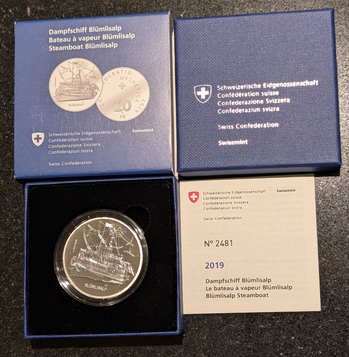 Tutti le monete: 20 Franken 2019 Silber pp Dampfschiff Blümlisalp Box – Nuovo (secondo la descrizione) da Arch venduto da moneyswiss