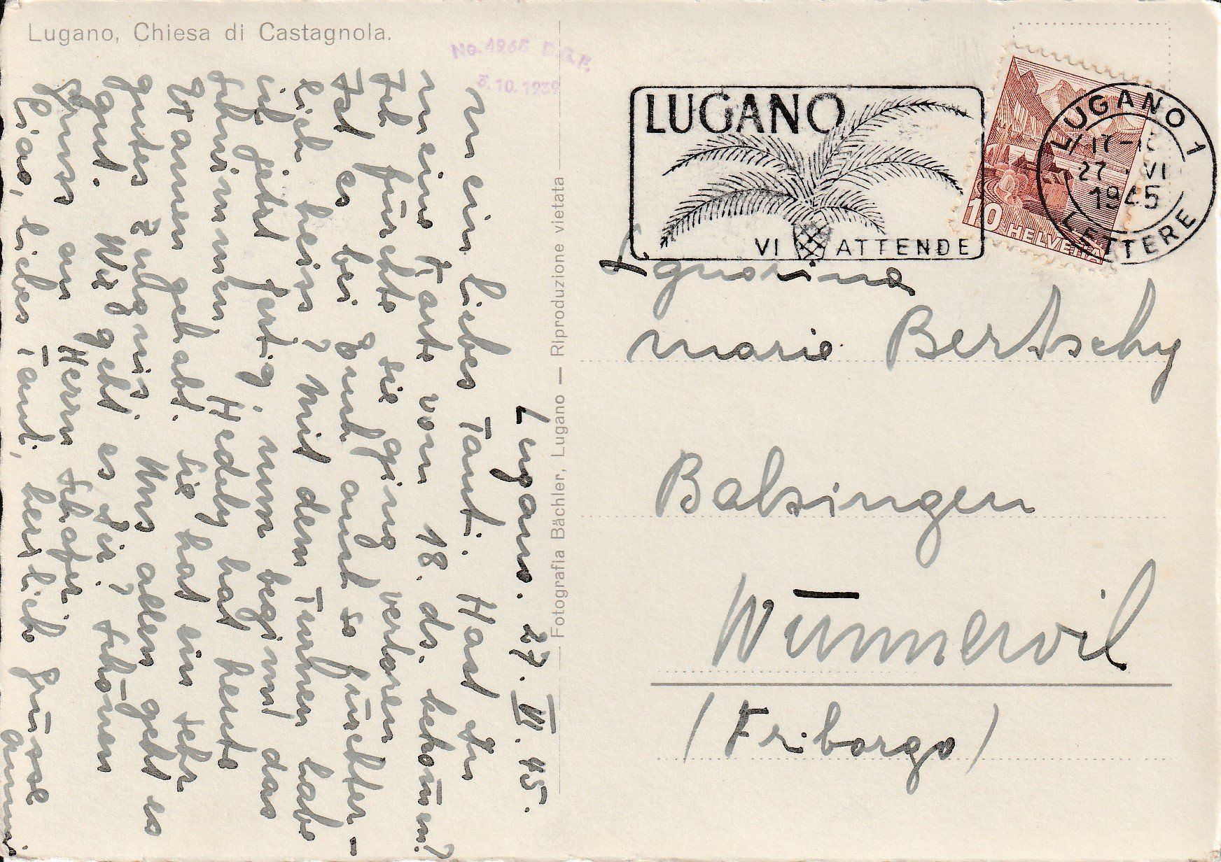 Cartoline postali: AK Castagnola gel. 27.6.1945 – Usato da Fribourg venduto da schnalla92 1