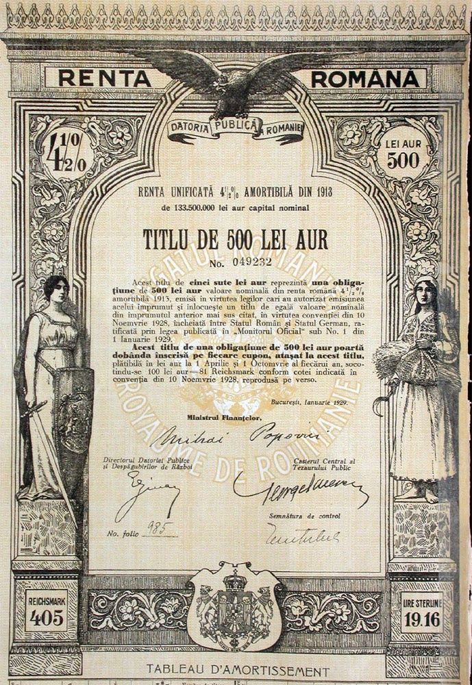 Documenti: 4,5% Renta Romana, Bukarest - 1929 – Usato da Solothurn venduto da Sgasche