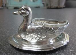 3-teilige Salière, Ente Hoka, Alpacca versilbert Glaseinsatz