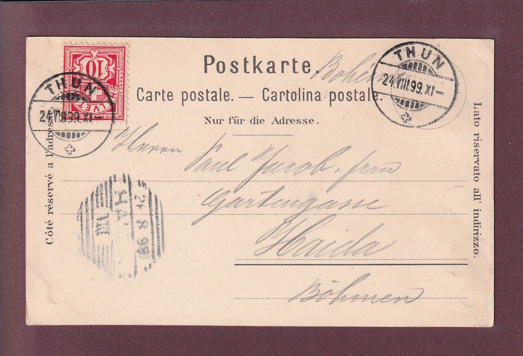 Cartoline postali: THUN - 1899 Litho Kümmerly & Frey – Usato da Pully venduto da nicecards 1