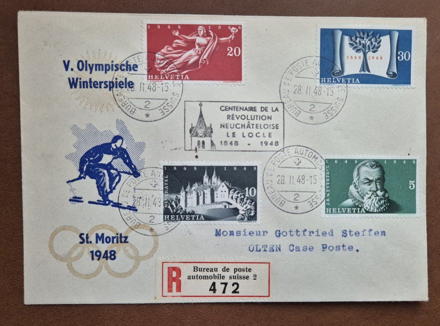 Tutti i francobolli: Brief 5. Olymp. Winterspiele, St. Moritz 1948, Automobilpost – Usato da St. Moritz venduto da Guenteratch