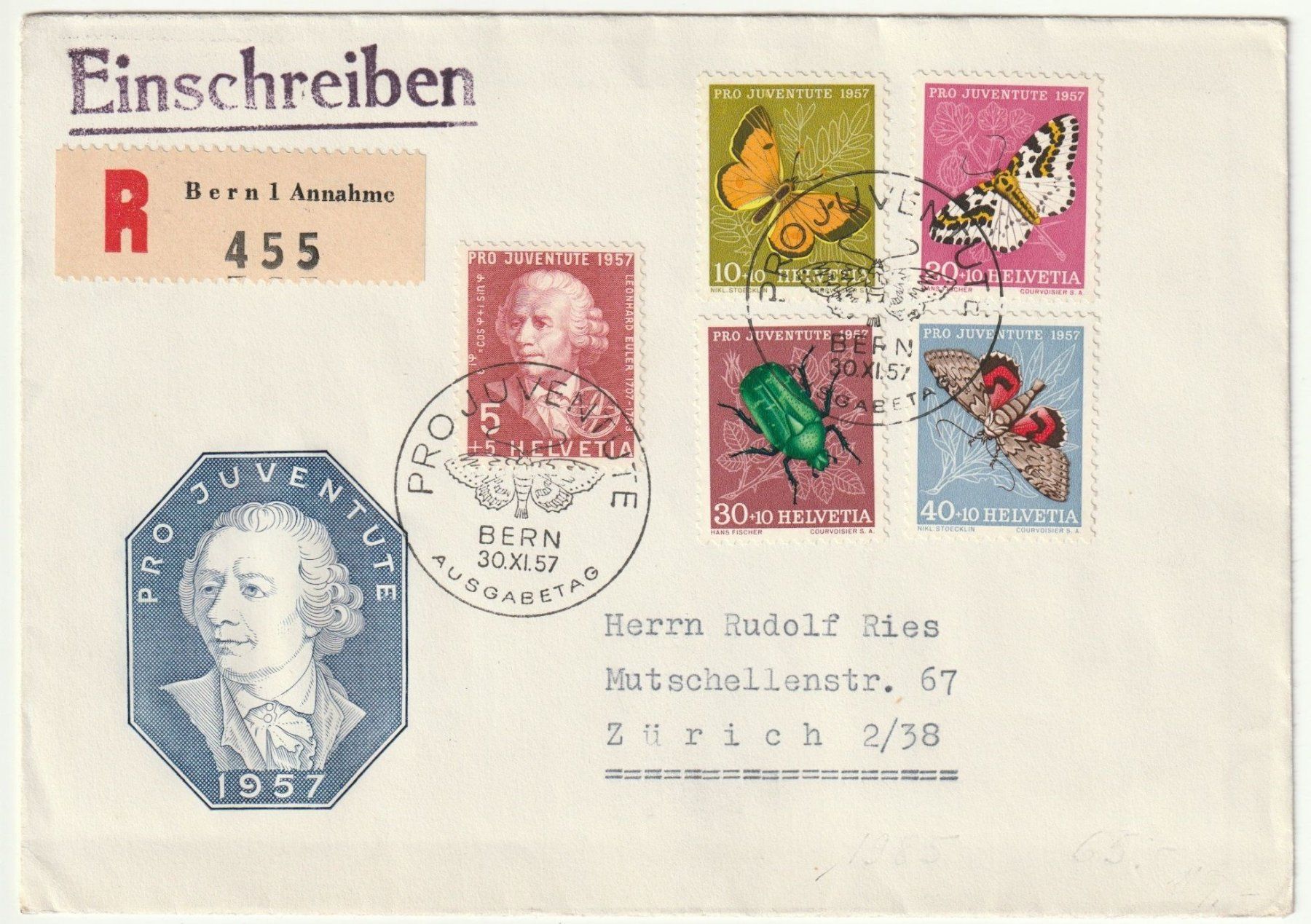 Alle Briefmarken: R-FDC  Pro Juventute 1957 Kat. 50.- – Gebraucht aus Fislisbach von Zigzag12