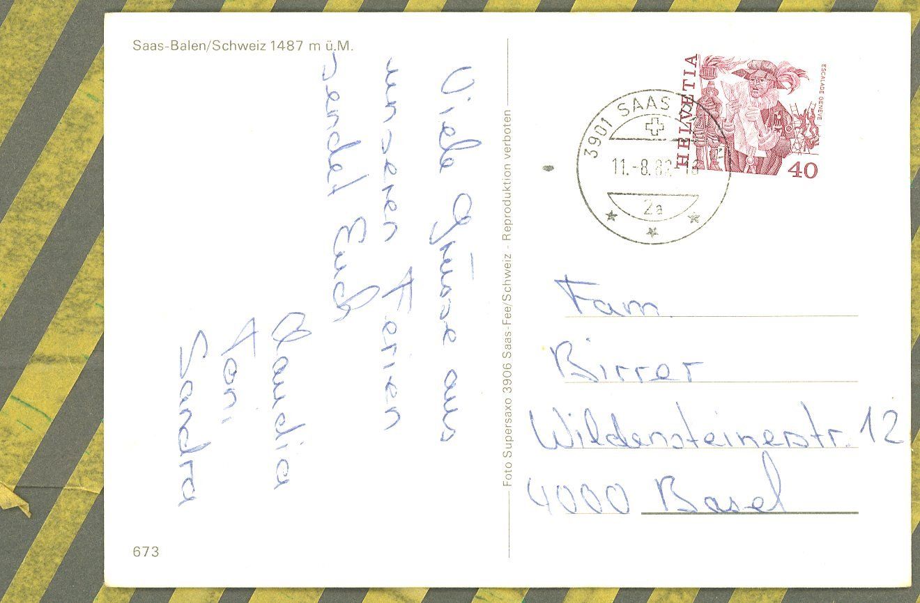 Cartoline postali: AK color Saas- Balen VS ≈ 1982 – Usato da Basel venduto da Arkouda 1
