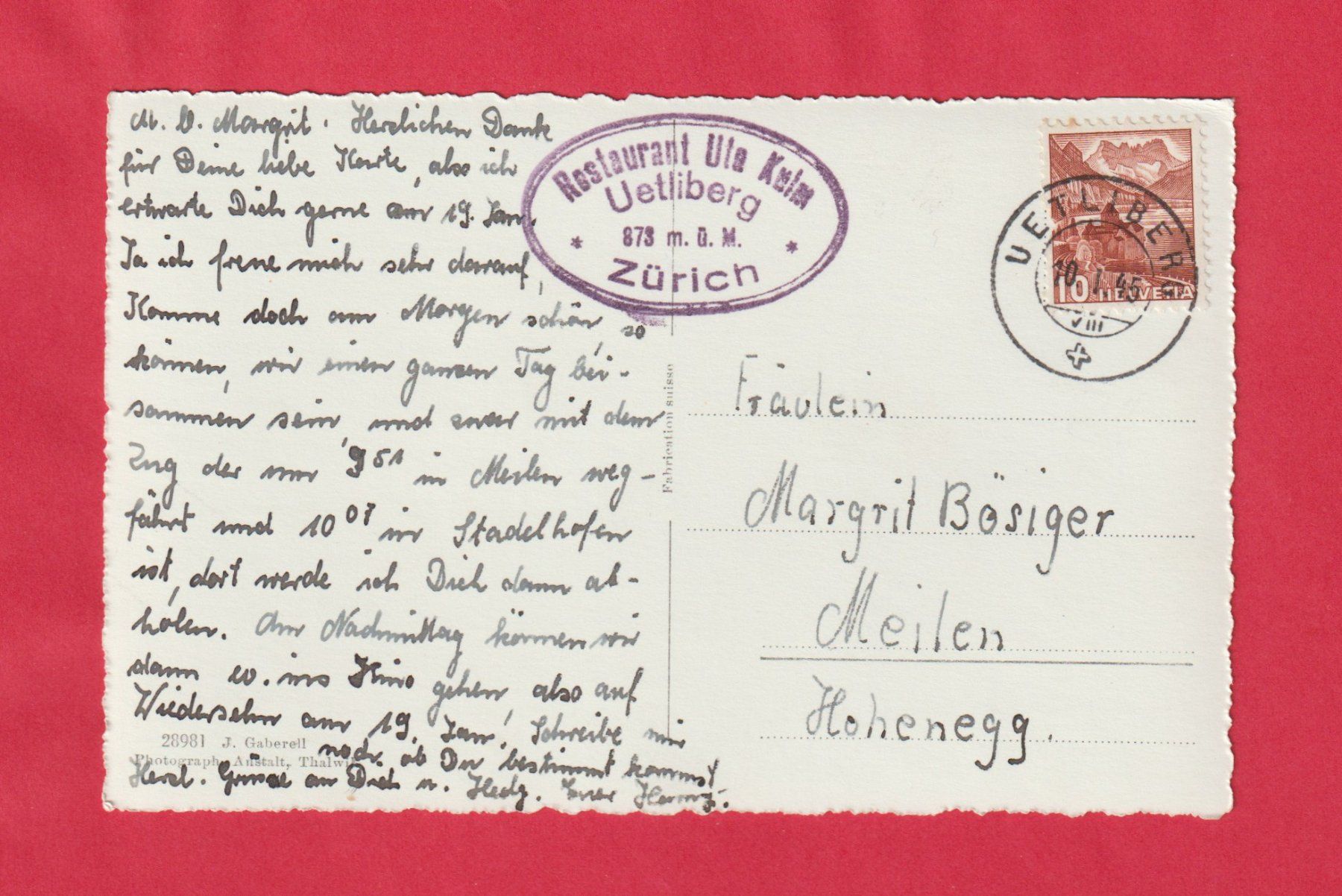 Cartoline postali: (ZH) Berghaus Uto-KULM 10.1.45 – Usato da Zürich venduto da Gill46 1