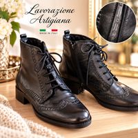 Ital. Leder Stiefeletten Gr. 37 Schwarz 🇮🇹im Brogue-Stil