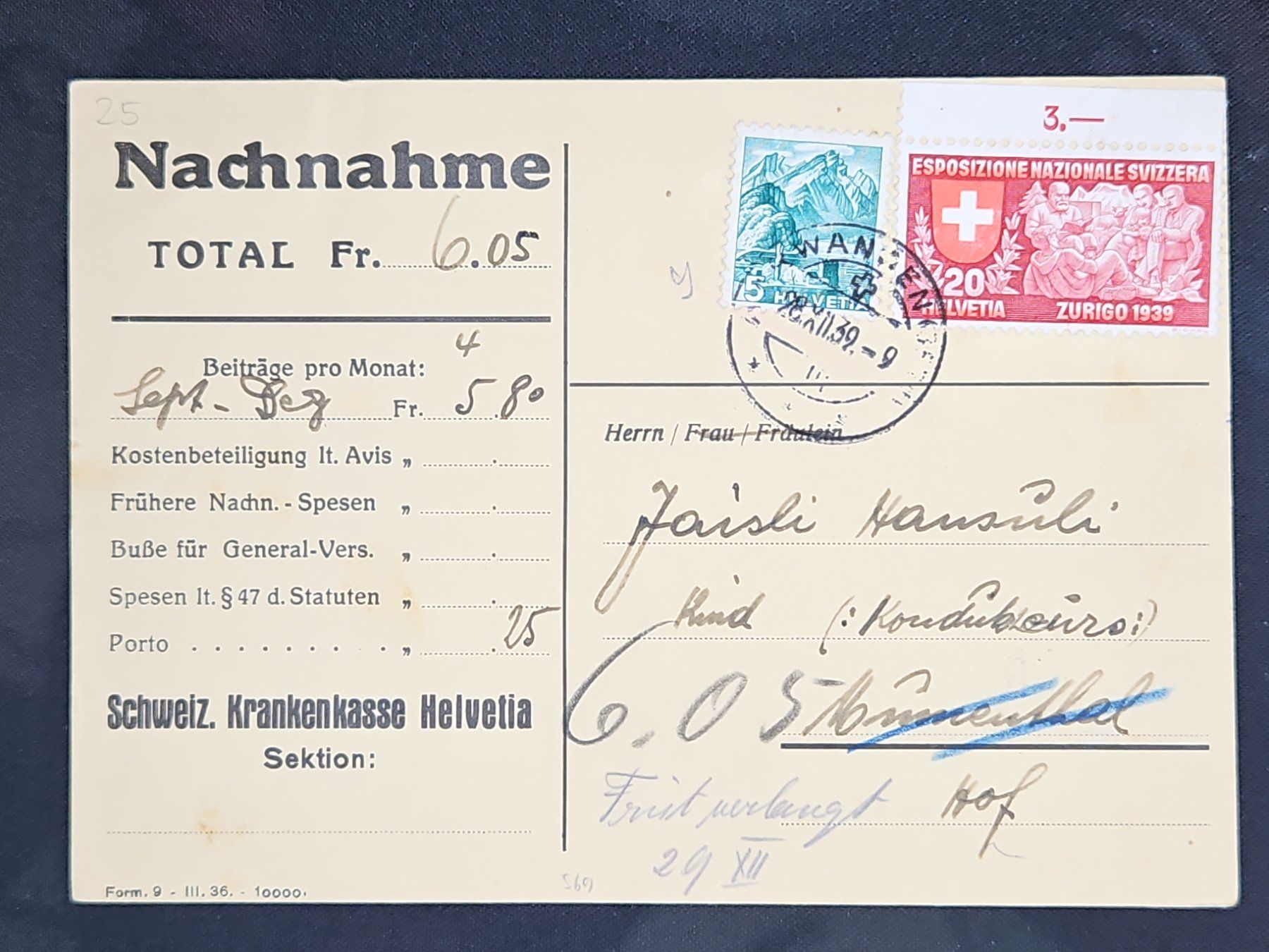 Tutti i francobolli: CL23 Carte Postale + Timbre Suisse 1939 – Usato da Cousset venduto da Patrick_Collections