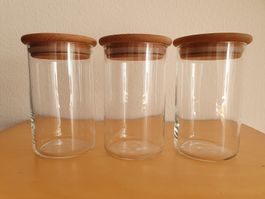 3x Vorratglas mit Holzdeckel rund (Höhe 17,5 cm)