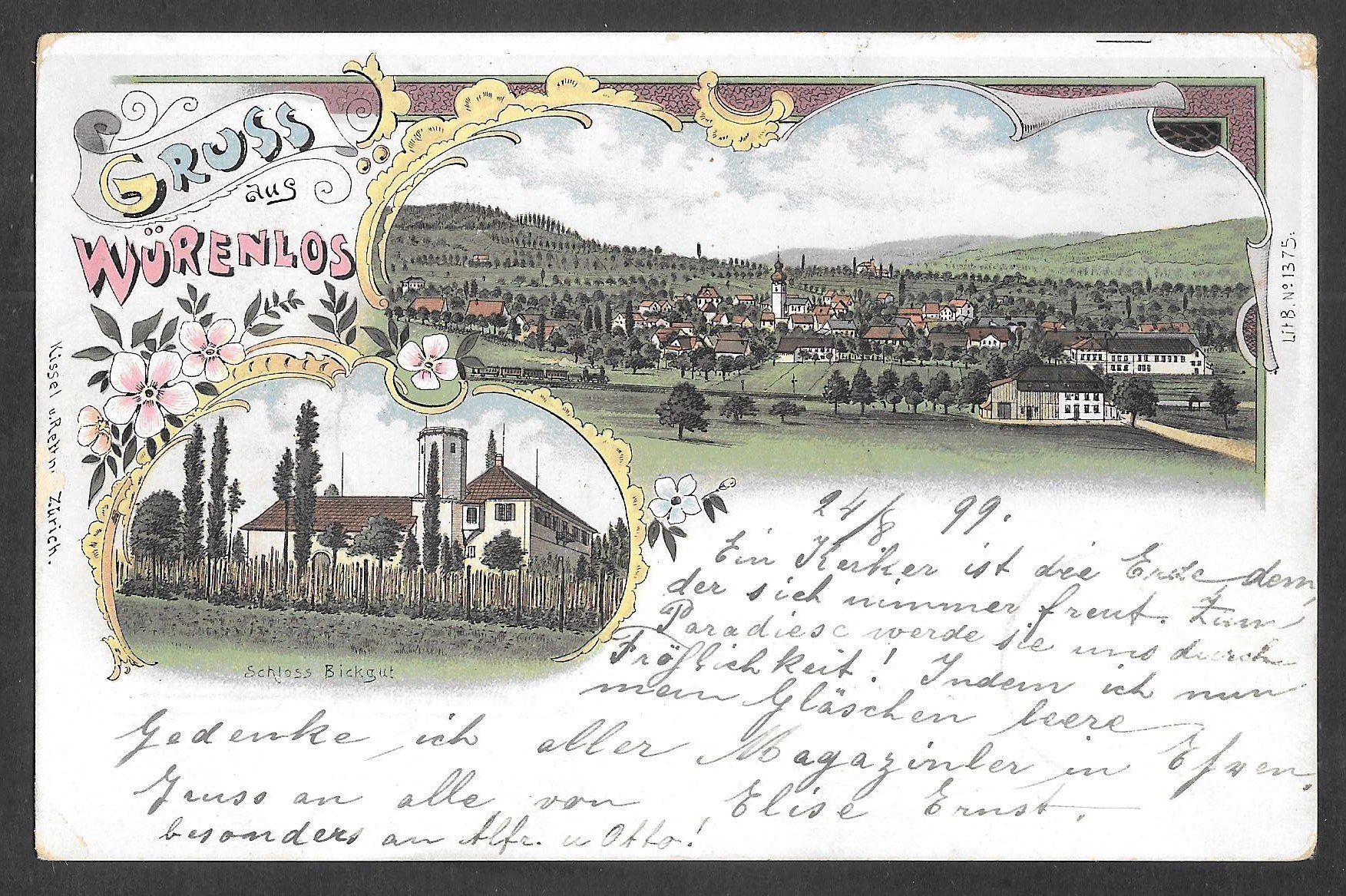 Cartoline postali: Würenlos farbige Lithografie 2 Bilder – Usato da Olten venduto da clotaldi