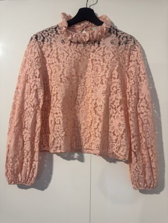 Rosa Spitzenbluse mit Stehkragen, Gr. S/M, neuwertig!