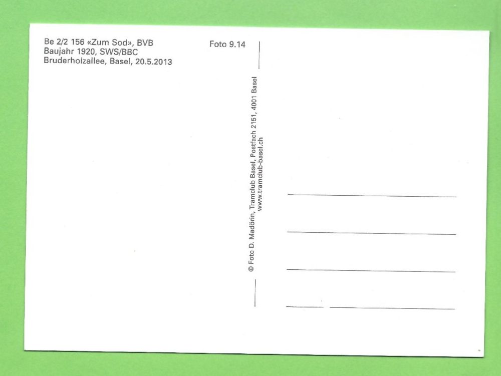 Cartoline postali: Tram Basel BVB Be 2/2 156 – Usato da Zürich venduto da t24_de 1