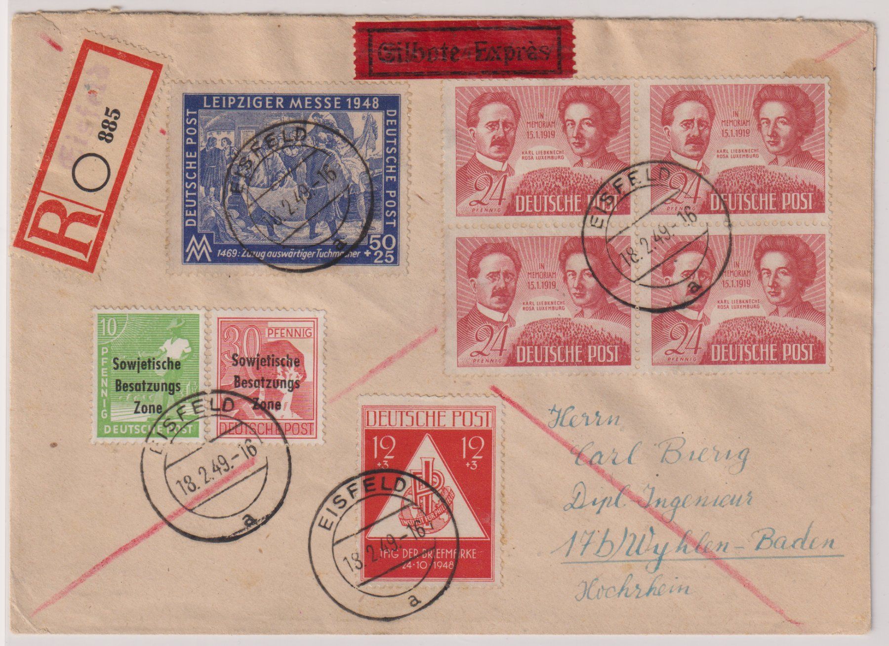 Tutti i francobolli: Brief Deutsche Post 1949 von Eisfeld nach Wyhlen – Usato da Eschlikon TG venduto da PhilCon
