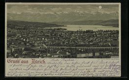 Mondschein-AK Zürich, Ortsansicht aus d