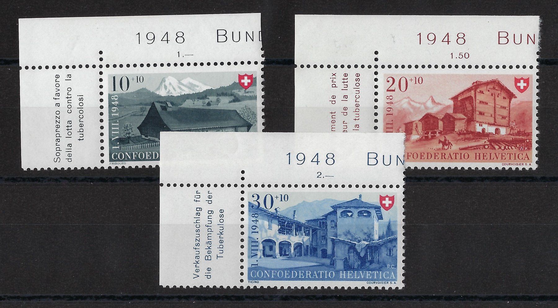 Tutti i francobolli: 1948 Pro Patria Katalog-Nr. B39-B41 mit Bogenrand-Tab ** – Nuovo (secondo la descrizione) da Morgarten venduto da mech58