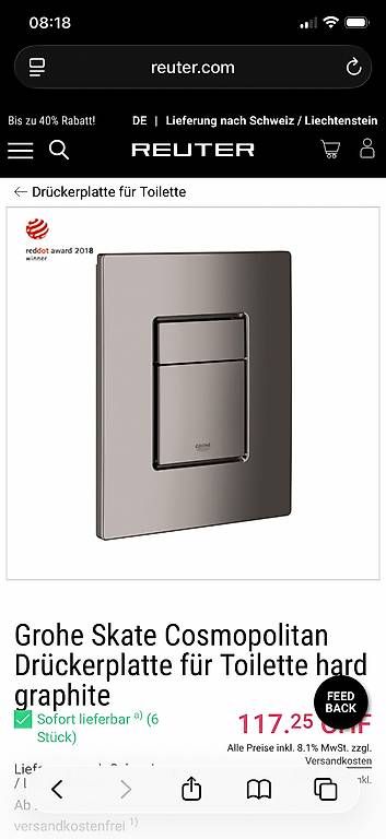 WC: GROHE Skate Cosmopolitan S Betätigungsplatte Hard Graphite – Gebraucht aus Ennetbaden von melser01