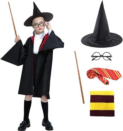 Harry Potter mit Umhang Hut Zauberstab Krawatte Brille Schal