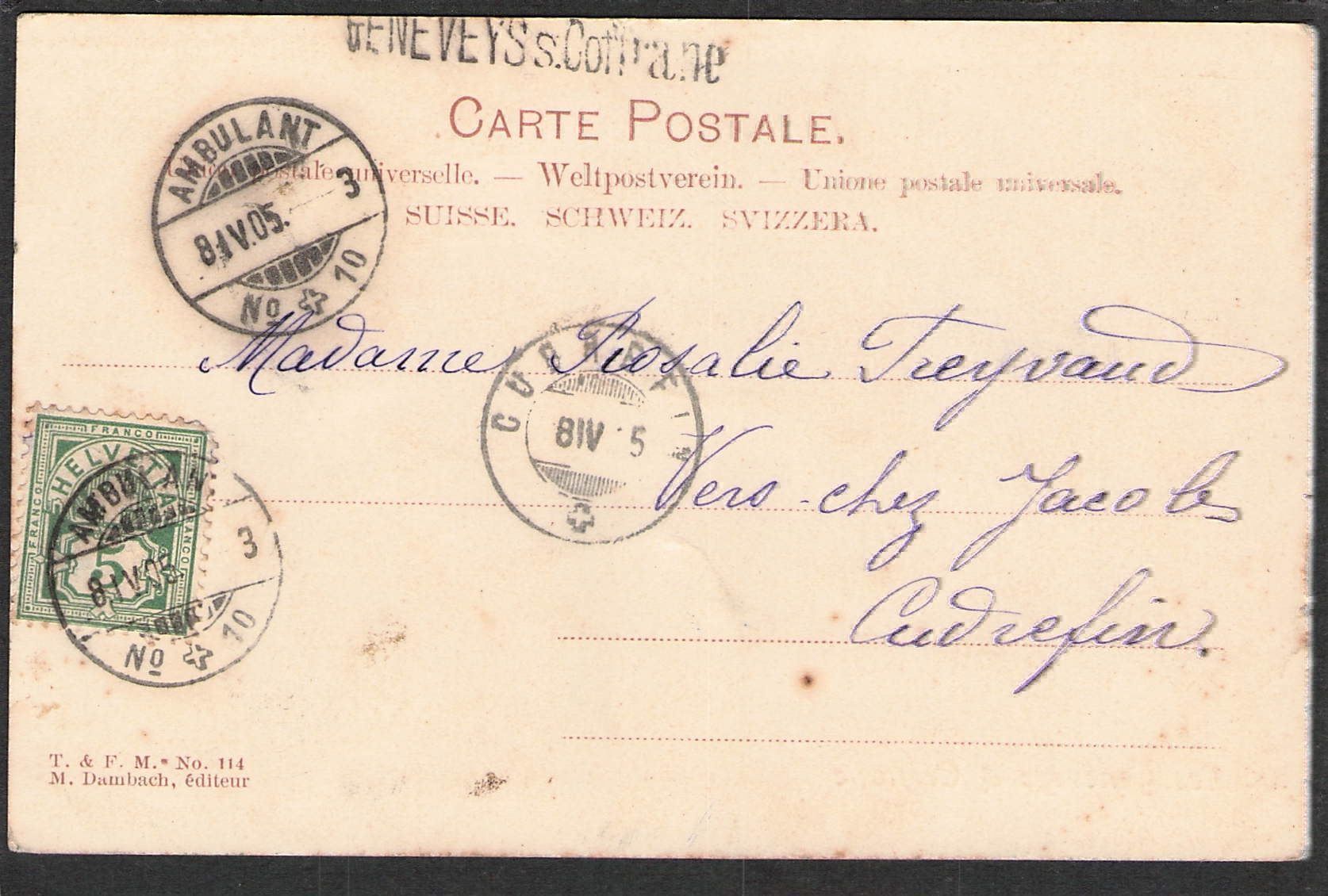 Ansichtskarten: CP,VD Les Geneveys & Coffrane , 1905 – Gebraucht aus Reichenburg von Pipo-67 1