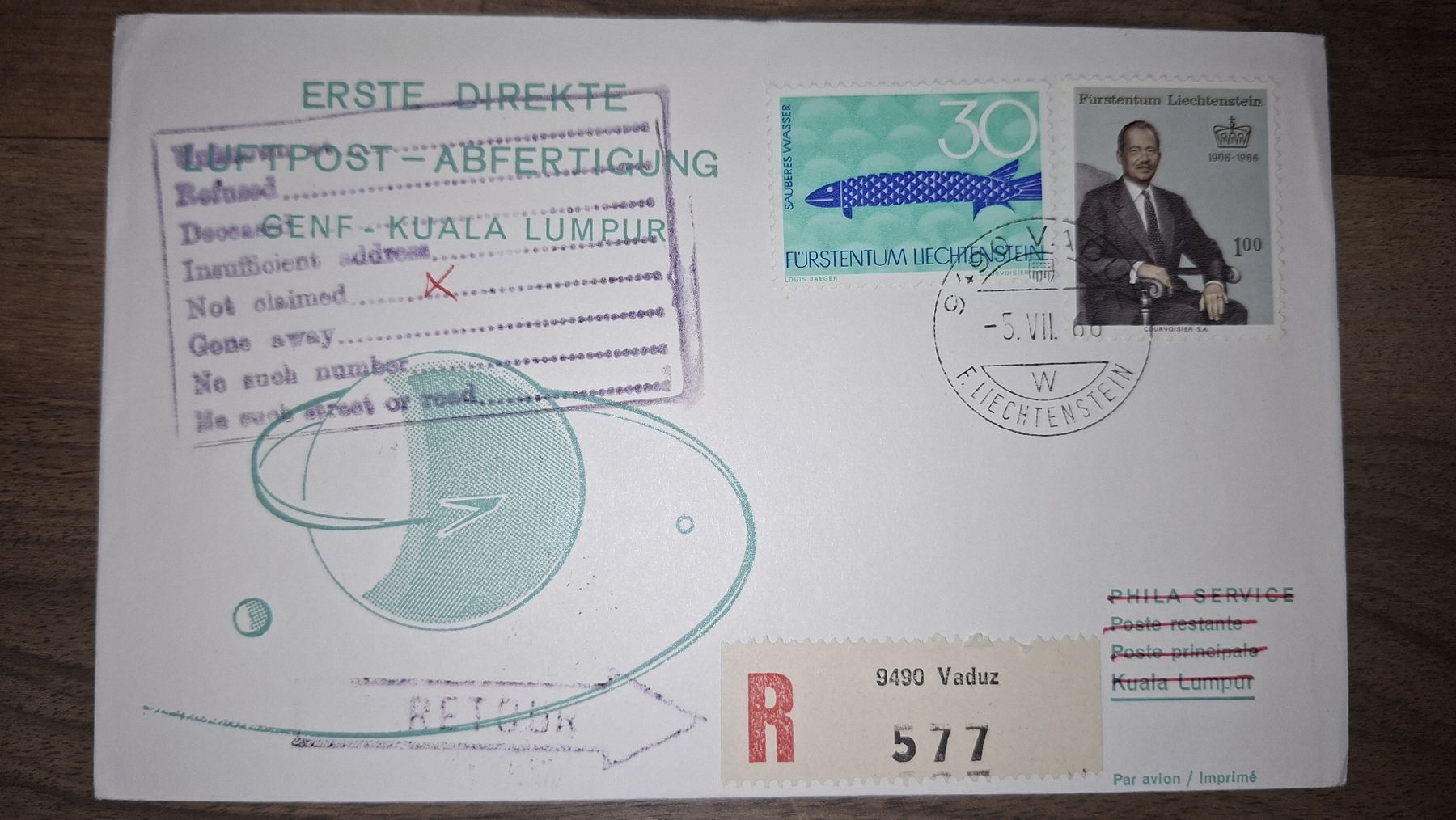 Tutti i francobolli: Genf Kuala - Lumpur 05.07.1966 – Usato da Balgach venduto da SIMEON27