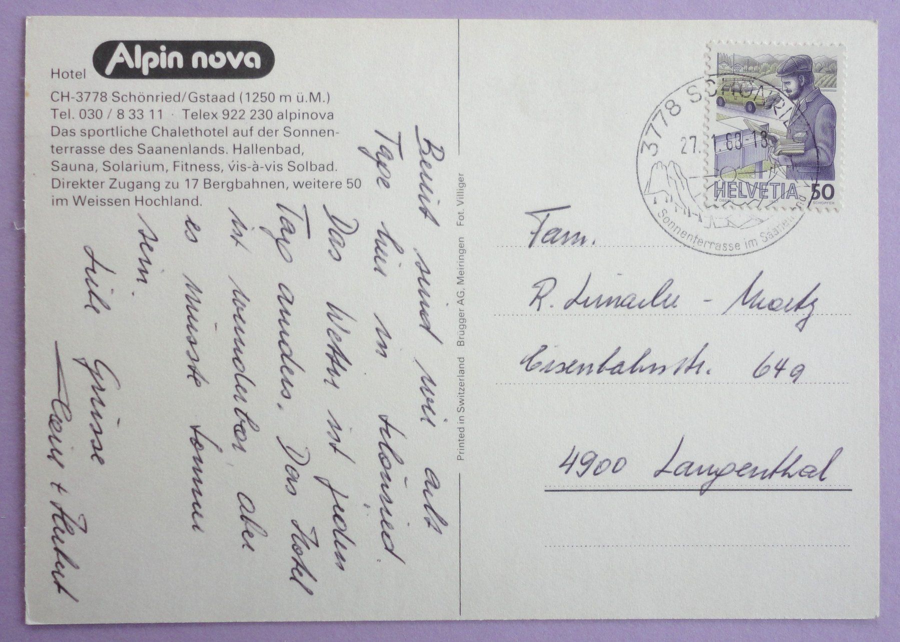 Cartoline postali: Hotel Alpin nova, Schönried/Gstaad – Usato da Fétigny venduto da Billy2miny 1
