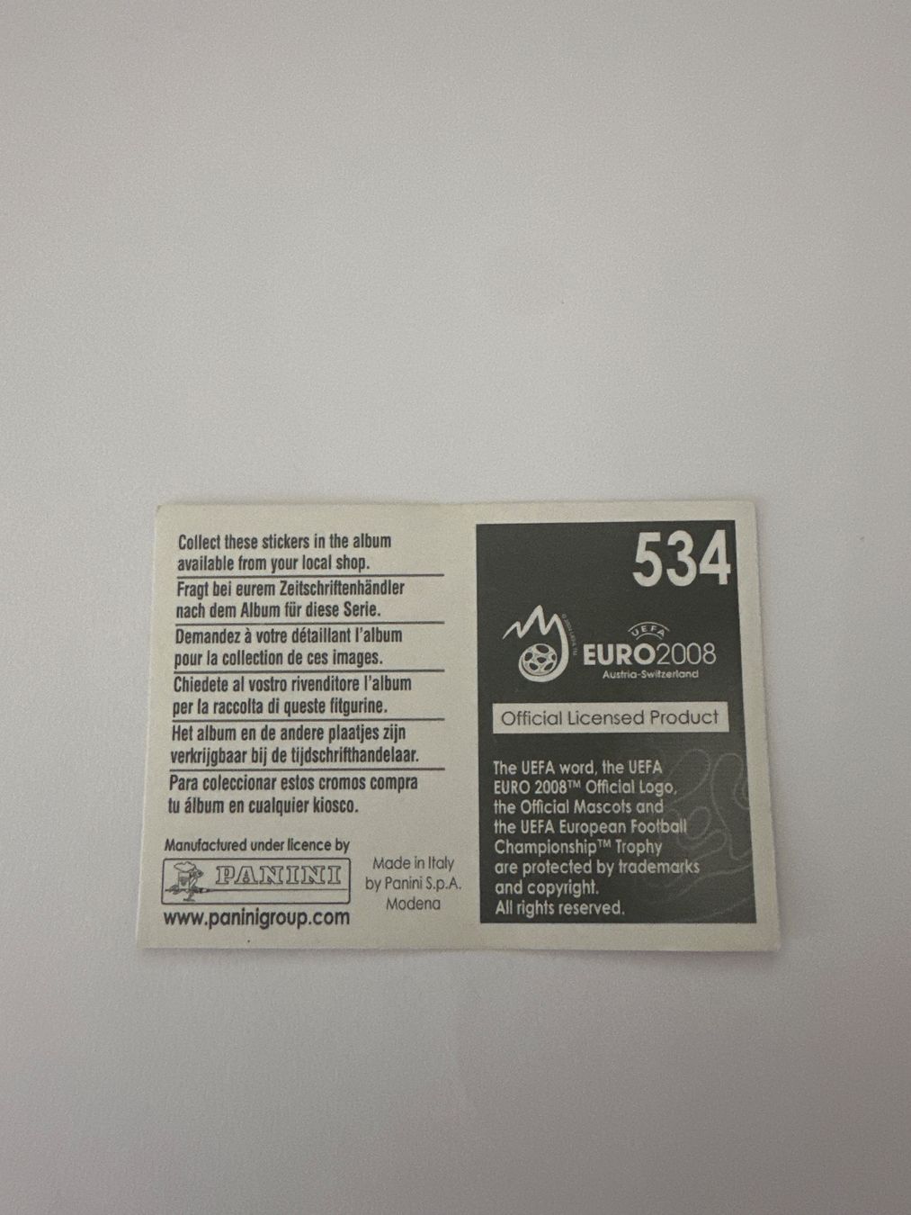 Panini Carte collezionabili: Panini UEFA EM 2008 Sticker - Nr. 534 – Usato da Sulz AG venduto da DealWerk 1