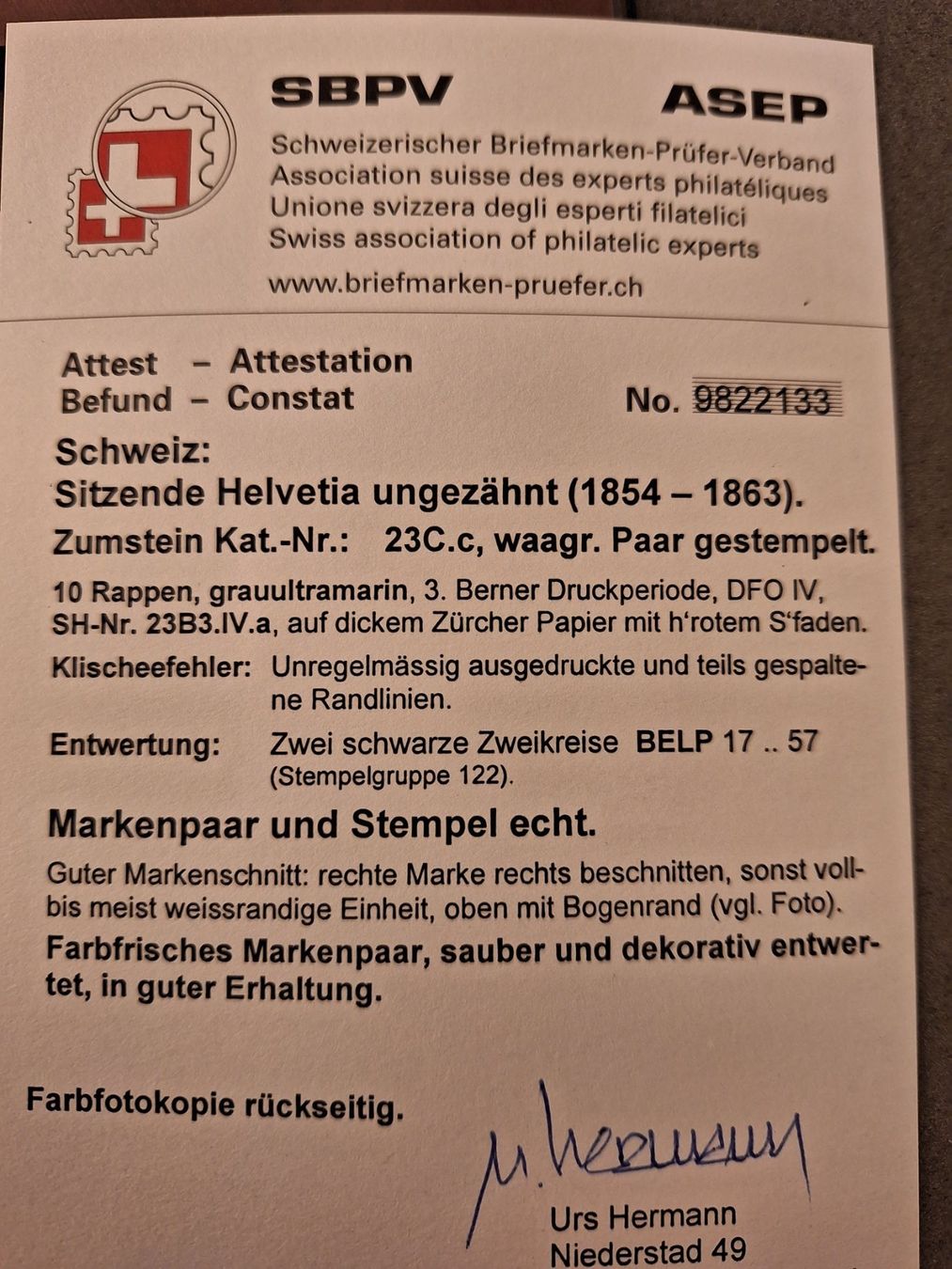Tutti i francobolli: Strubel 23C.c im Paar mit Attest – Usato da Balgach venduto da SIMEON27 1
