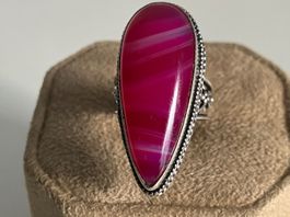 Bague vintage en argent 925 avec agate rose vif, taille 58