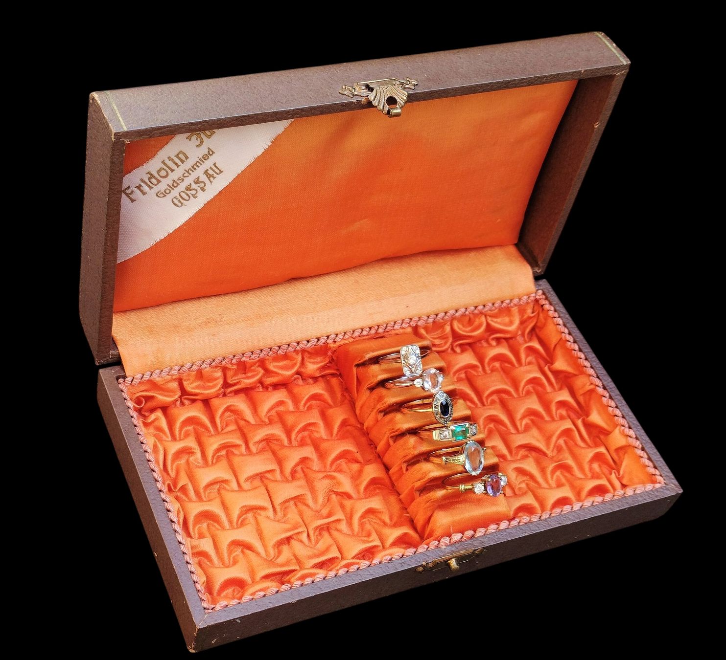 Portagioie: Antike Ringbox Schmuckbox Koffer Braun mit Seide Orange – Usato da schwyz venduto da larry91sz 1