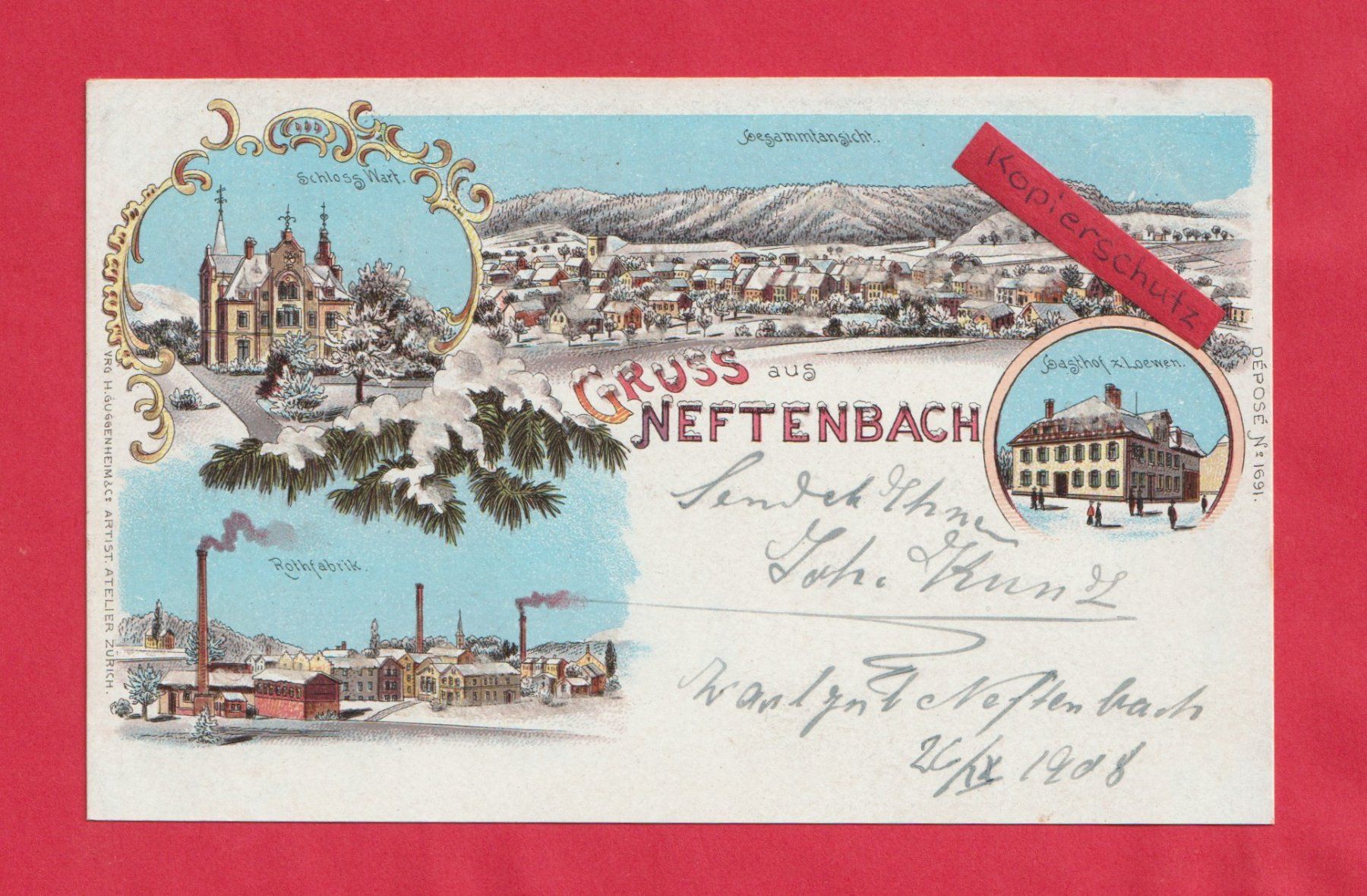 Cartoline postali: Gruss aus Neftenbach 4-Bild Farb-Litho mit Glitzer – Usato da Zürich venduto da Gill46