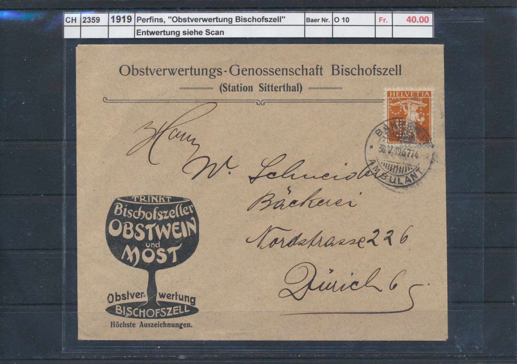 Tutti i francobolli: 1919 Perfins, "Obstverwertung Bischofszell" – Usato da Winterthur venduto da Zupogeru